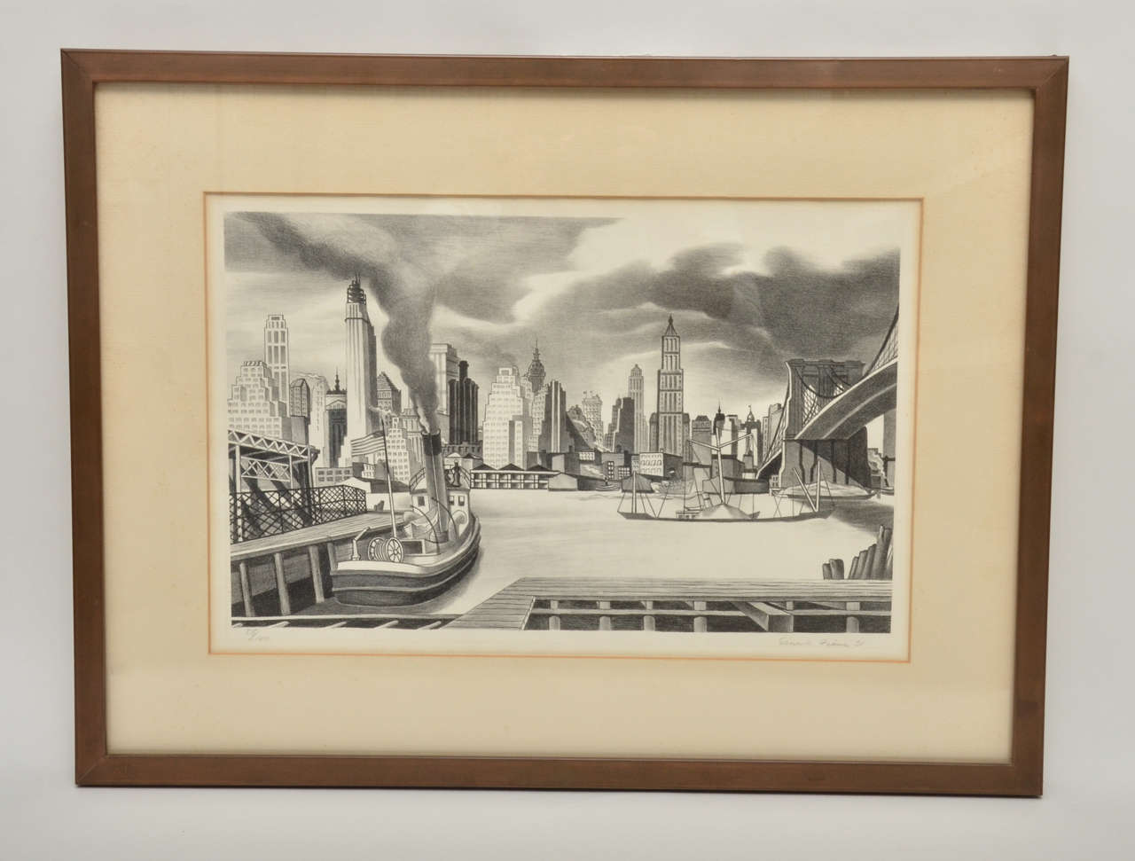 Iconic 1931 view of lower Manhattan from waterfront near the Brooklyn Bridge. Lithograph depicts East river traffic and the rising canyon of 1920s lower Manhattan skyscrapers. Lithograph, full margins, signed, dated and numbered 58/100 in pencil.
