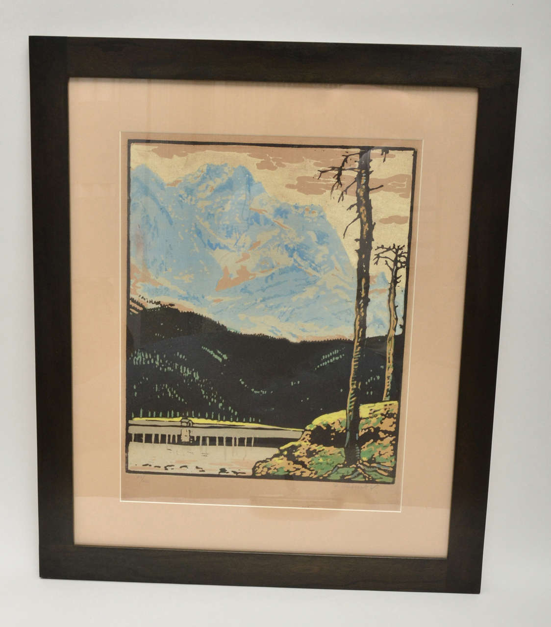 Fine Color Woodblock (80/100) Image of Mountains with Waterfalls.  Possibly the Cascades.  Bold Image on Tan Stock.  American, Circa 1915.  Signed in pencil, lower right - signature unknown to me.  Conservation mat and Doweled Frame.