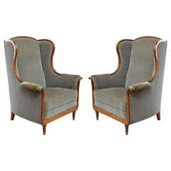 Antique Pair of Winged Easy Chairs with Roll-Over Arms