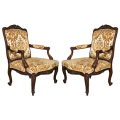 Pair of French Louis XV Style 1930s Walnut Armchairs Embroidered Upholstery