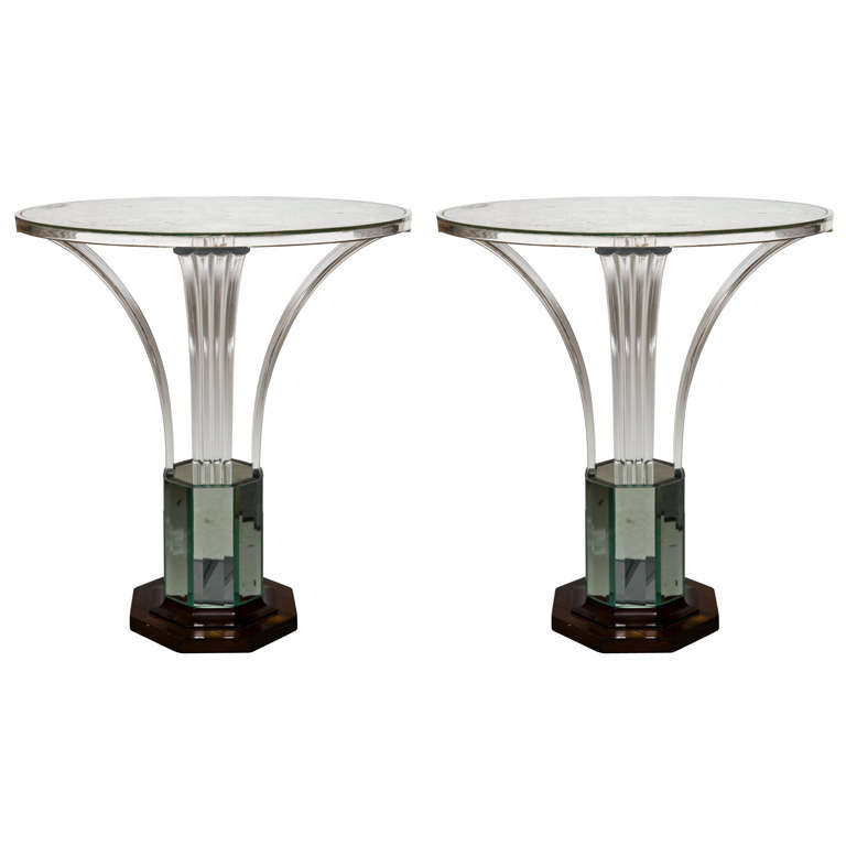 Pair Unique Art Deco Style Etched & Eglomise Mirrored End Tables