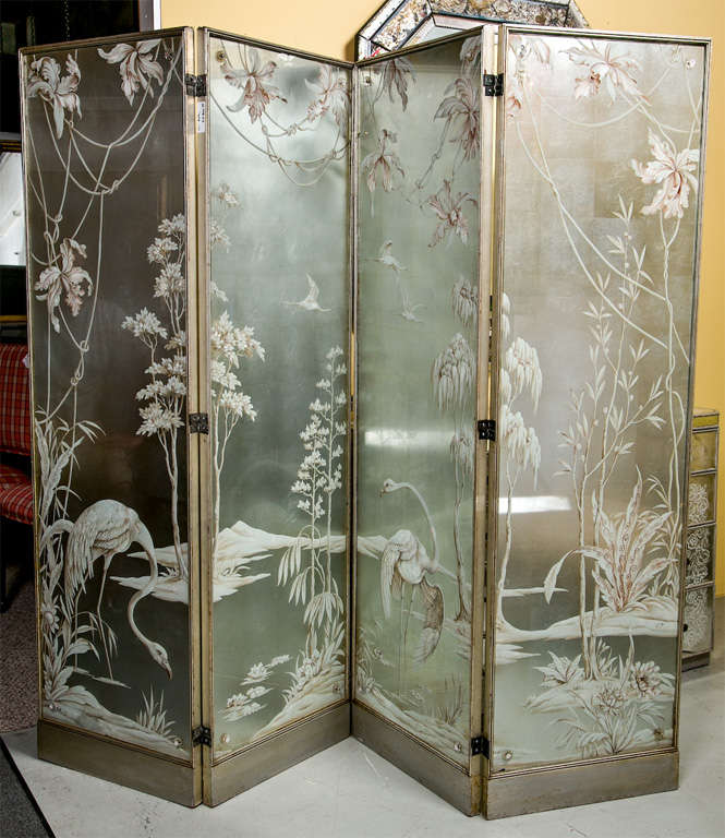 Exceptional Four Panel Etched and Egolmise Mirror Screen 5