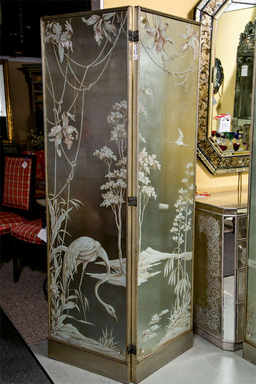 French Exceptional Four Panel Etched and Egolmise Mirror Screen