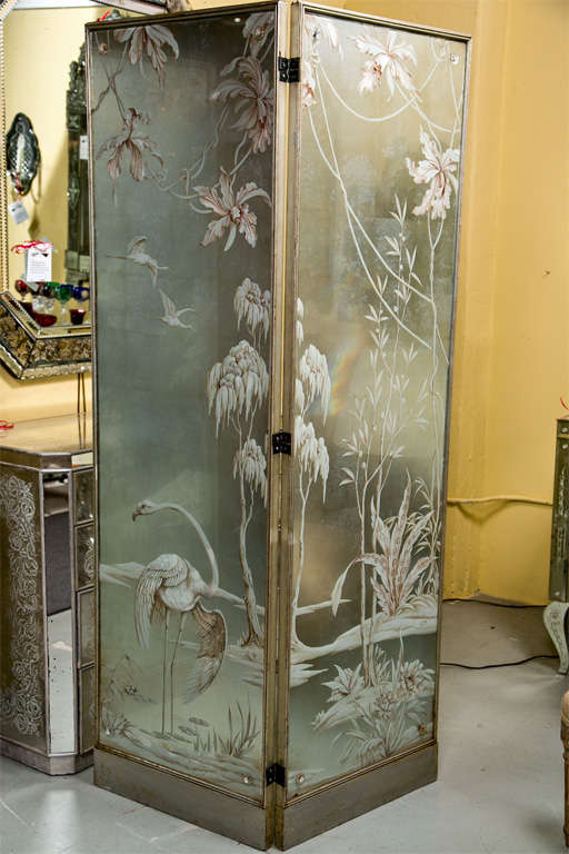 Mid-20th Century Exceptional Four Panel Etched and Egolmise Mirror Screen