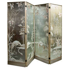 Exceptional Four Panel Etched and Egolmise Mirror Screen