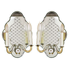 Pair of Vintage Etched Mirrored Wall Sconces