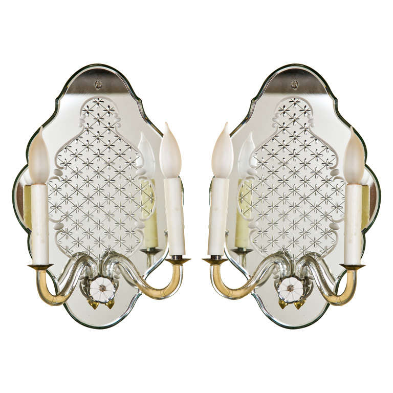 Pair of Vintage Etched Mirrored Wall Sconces