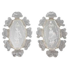 Vintage Pair of French Etched Mirror Wall Placques