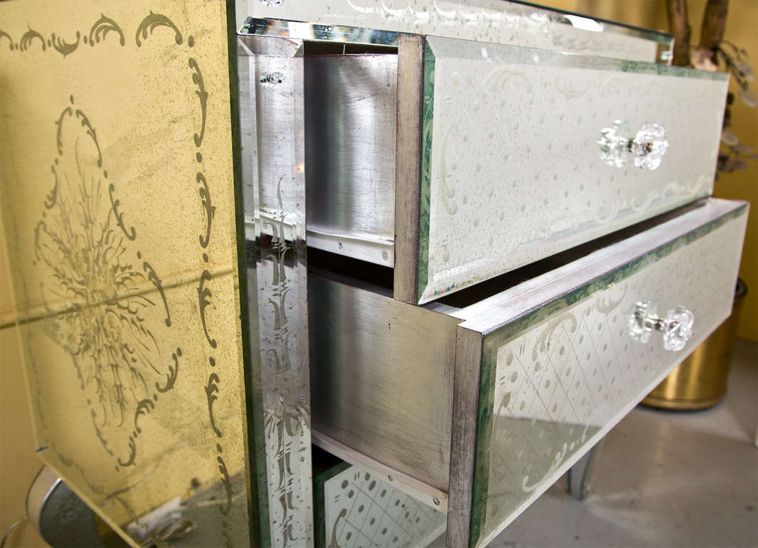 Pair of Unique French Etched Mirrored Chests  - Commodes