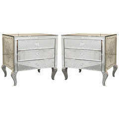 Vintage Pair of Unique French Etched Mirrored Chests  - Commodes