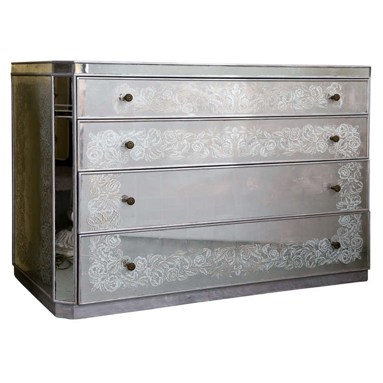 Vintage French Etched and Eglomise Mirrored Commode at 1stdibs