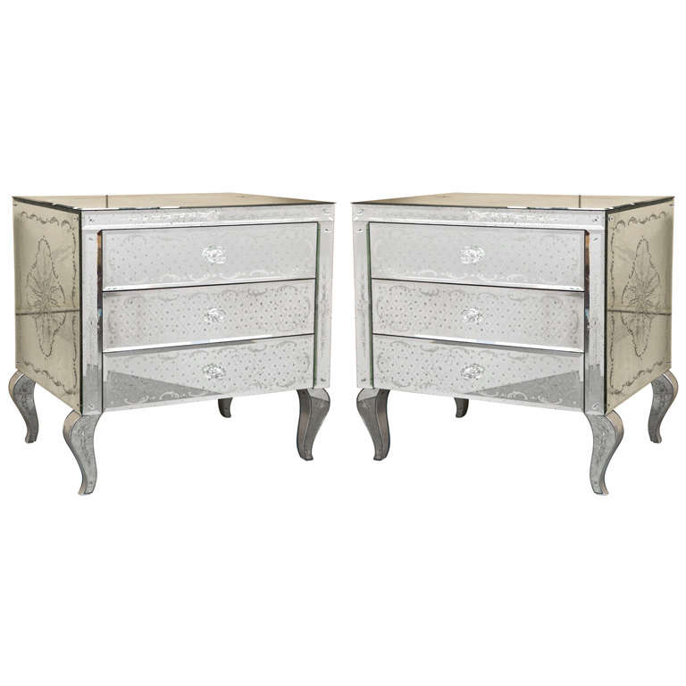 Pair of Unique French Etched Mirrored Chests - Commodes at 1stdibs