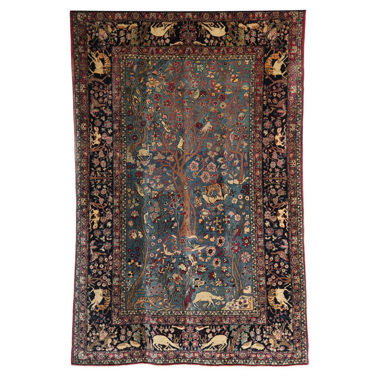 Antique 1880s Persian Tehran Tree of Life Rug with Hunting Scene, 4x6