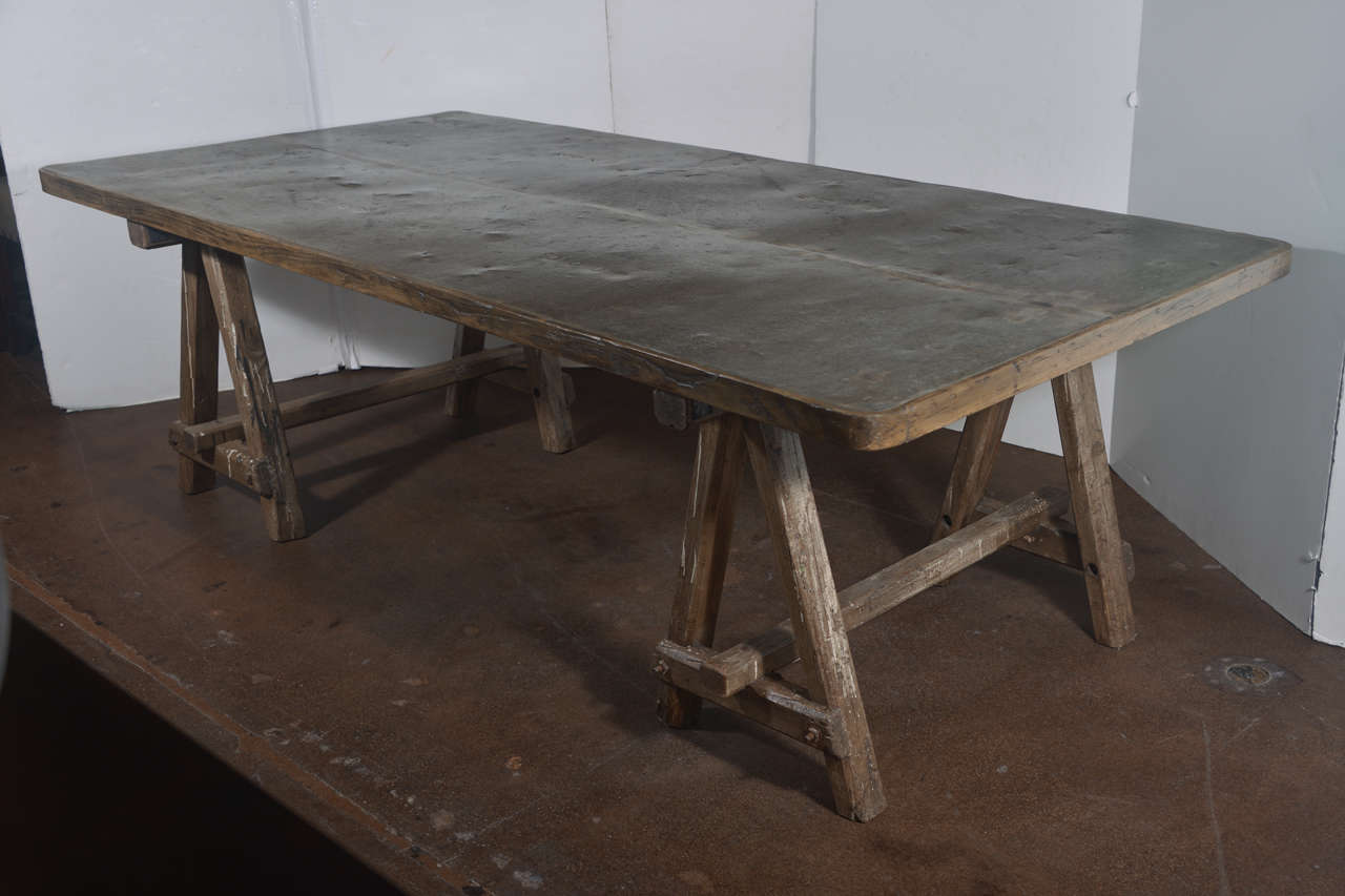 Antique English Saw Horses with Galvanized Metal Top