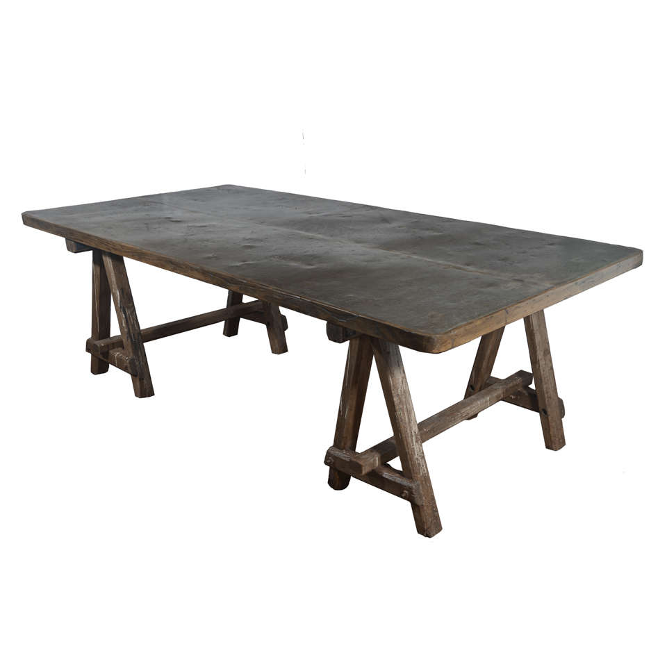Antique English Saw Horses with Galvanized Metal Top