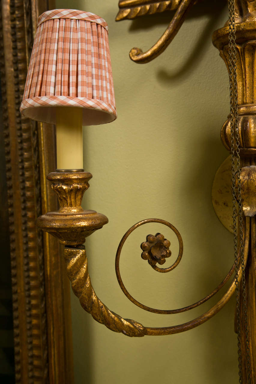 Mid-20th Century Pair of French Two-Arm Giltwood Wall Sconces Ribbon Crest Two Arms Each 