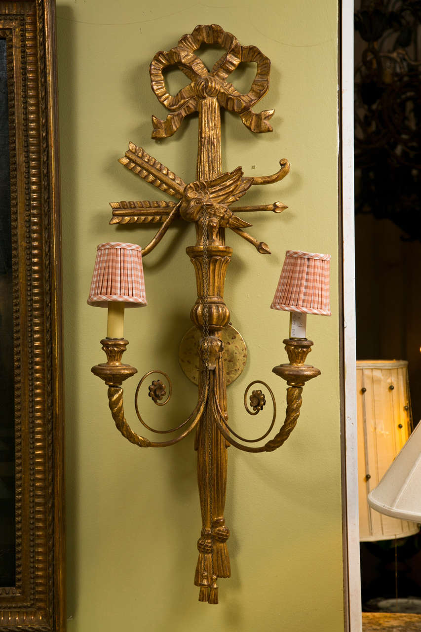 Pair of French Two-Arm Giltwood Wall Sconces Ribbon Crest Two Arms Each  4