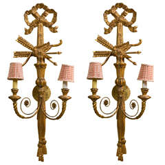 Pair of French Two-Arm Giltwood Wall Sconces Ribbon Crest Two Arms Each 