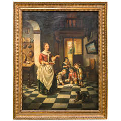 Oil Painting of a Women and Young Children Genre Scene