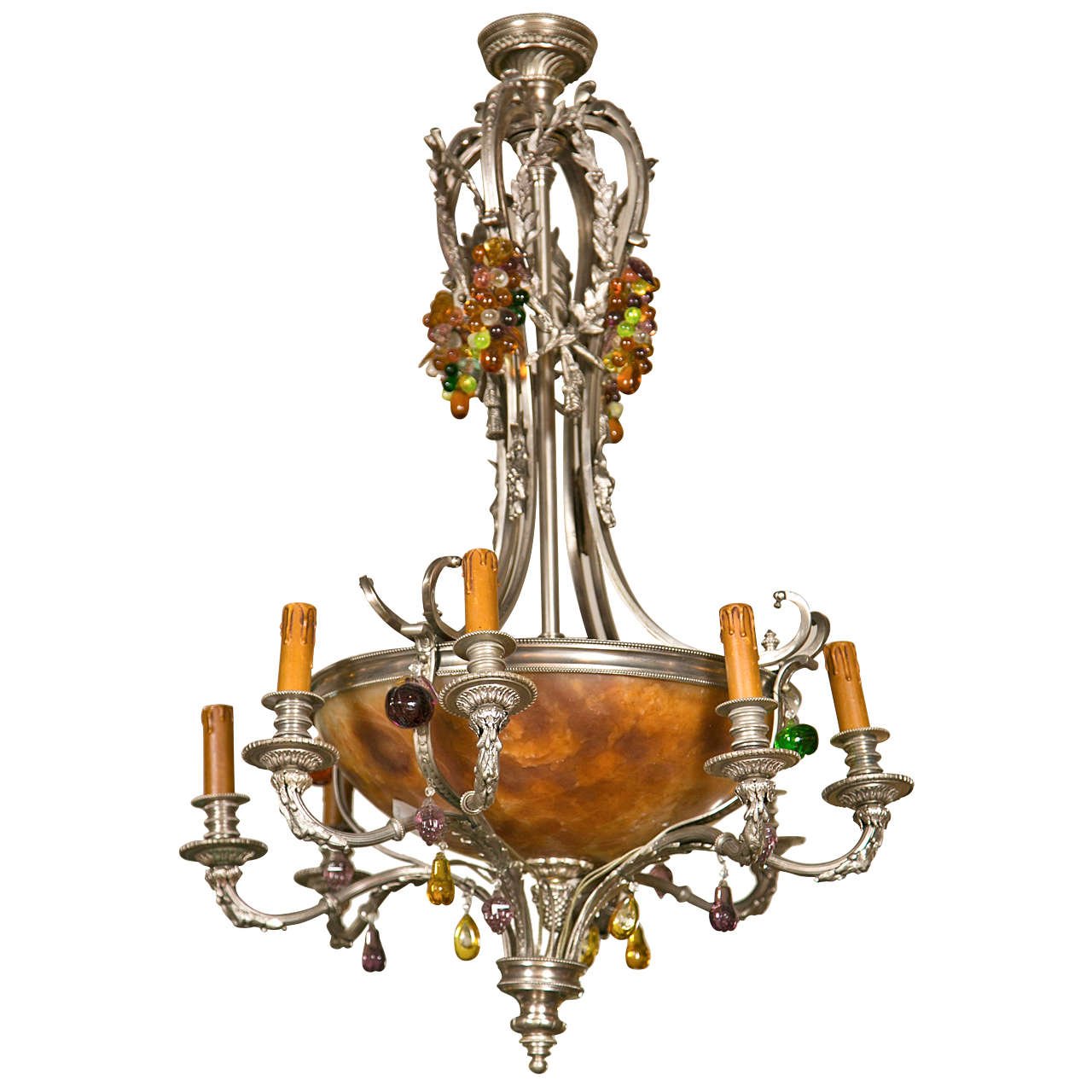 French Art Nouveau Style Eight-Light Chandelier Silver Argente Over Bronze  For Sale