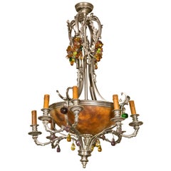 Vintage French Art Nouveau Style Eight-Light Chandelier Silver Argente Over Bronze 