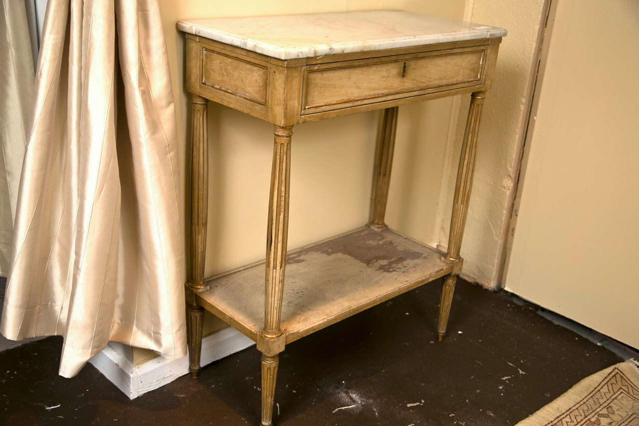 French Louis XVI Style Distress Painted And Parcel Gilt Side Table Marble Top 2