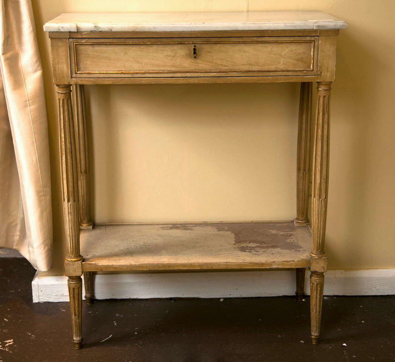 French Louis XVI Style Distress Painted And Parcel Gilt Side Table Marble Top 6