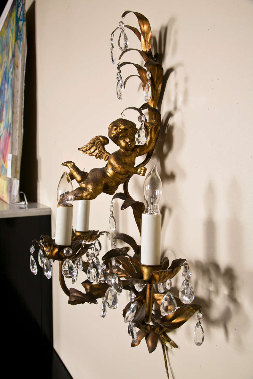 French Marie Therese Style Gilt-Brass Three-Light Wall Sconces Cherub Figures In Good Condition For Sale In Stamford, CT