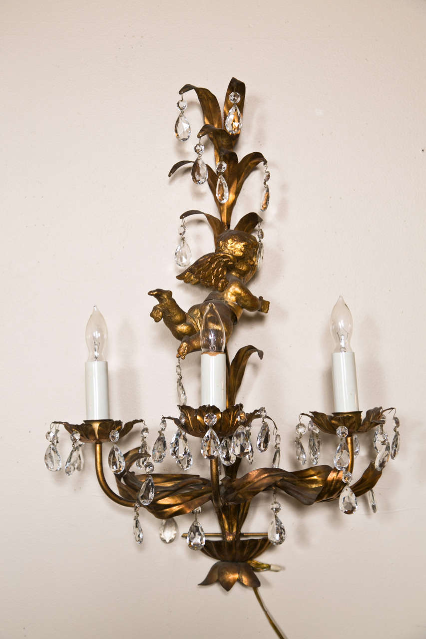 French Marie Therese Style Gilt-Brass Three-Light Wall Sconces Cherub Figures For Sale 1