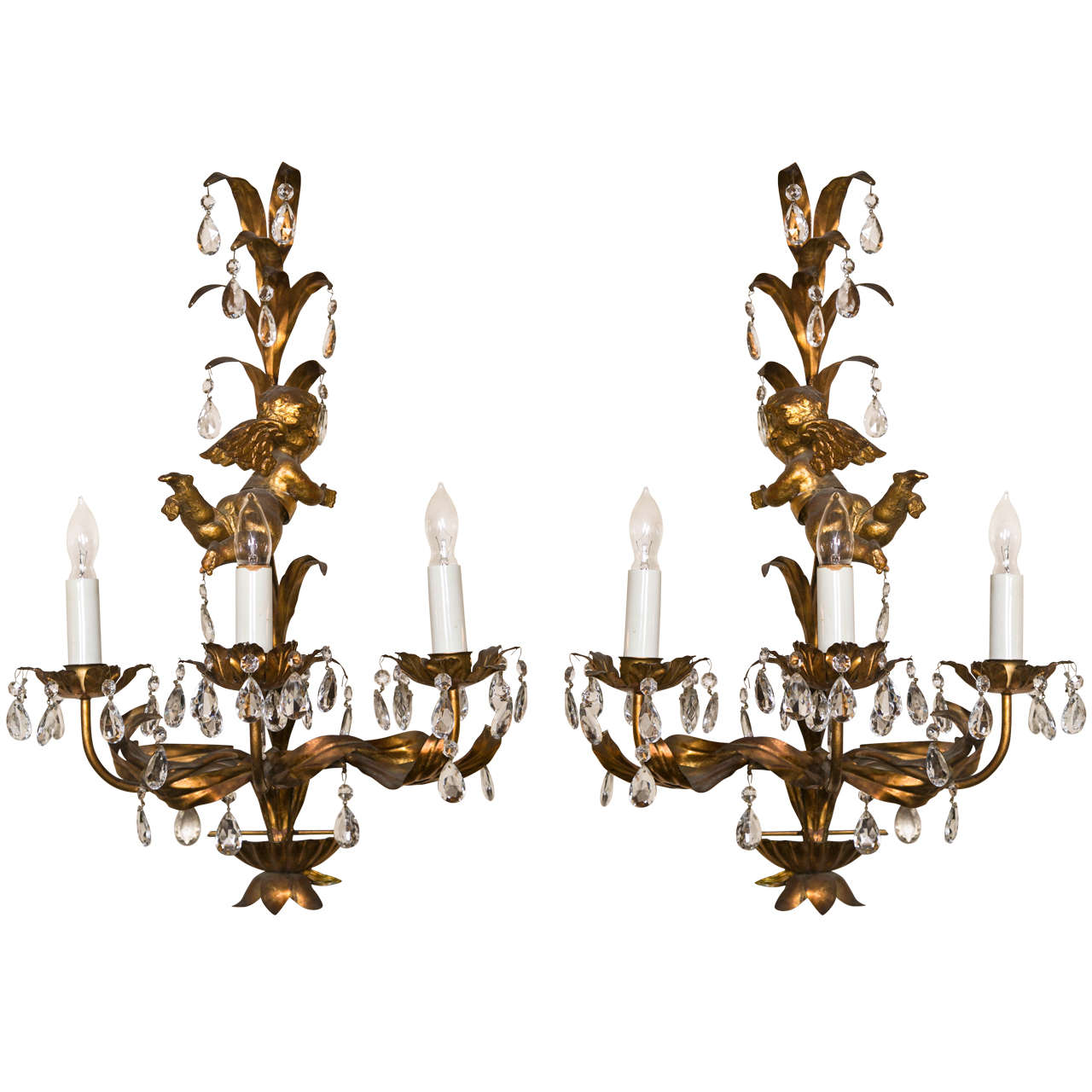 French Marie Therese Style Gilt-Brass Three-Light Wall Sconces Cherub Figures For Sale