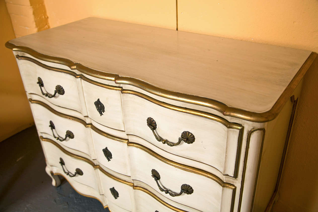 Mid-20th Century French Louis XV Style Distress Painted And Parcel Gilt Commode Stamped Jansen