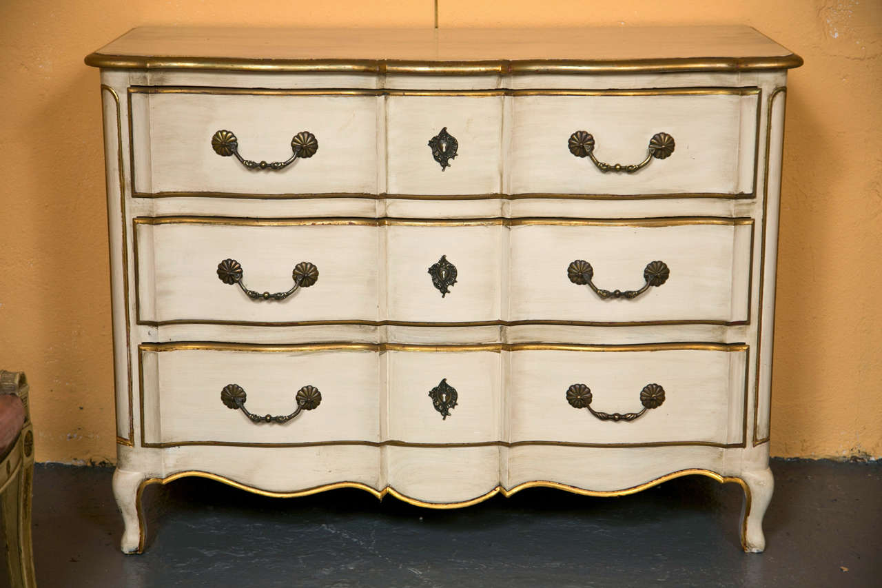 French Louis XV Style Distress Painted And Parcel Gilt Commode Stamped Jansen 4