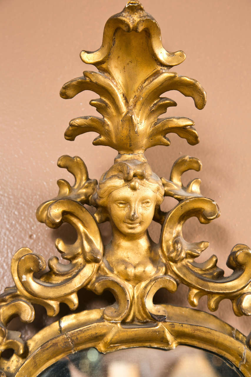 Pair of antique French Rococo style figural giltwood sconces, decorated with scrolls, foliate and cherubs. The bottom has two candlestick arms.