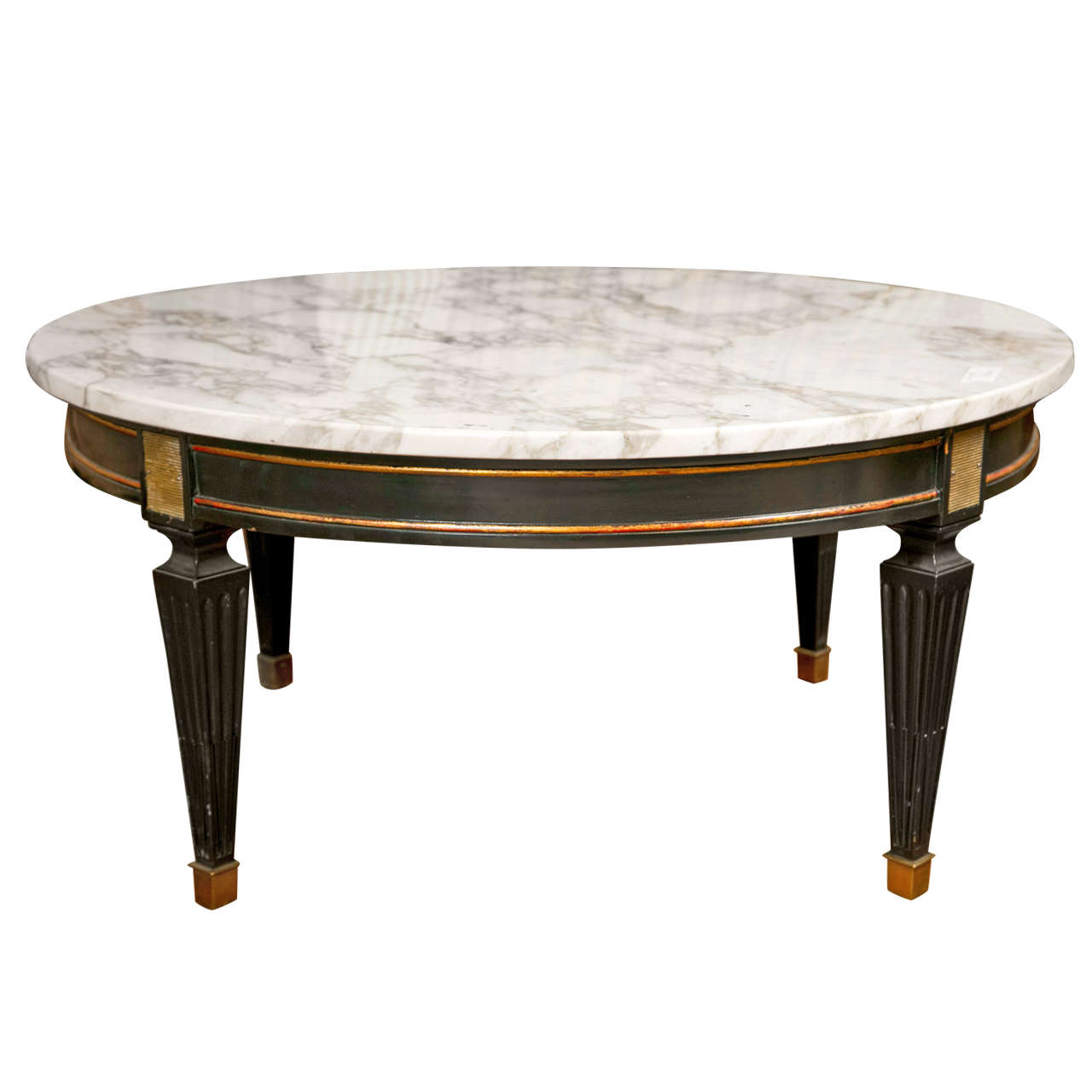 French Directoire Style Circular Coffee Table With Thick White Marble Top