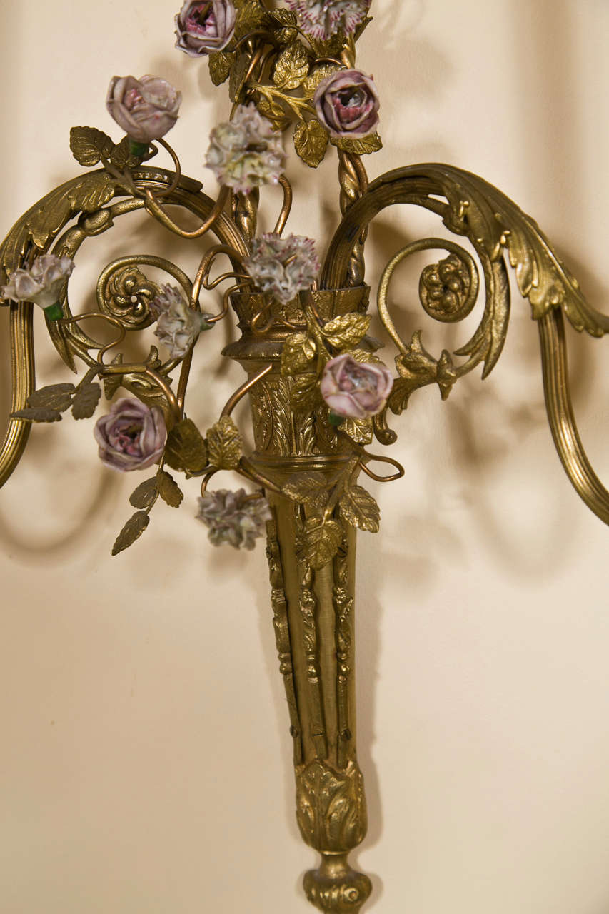 French Belle Époque Style Brass Wall Sconces Florette And Foliate Two Arms Each In Good Condition For Sale In Stamford, CT
