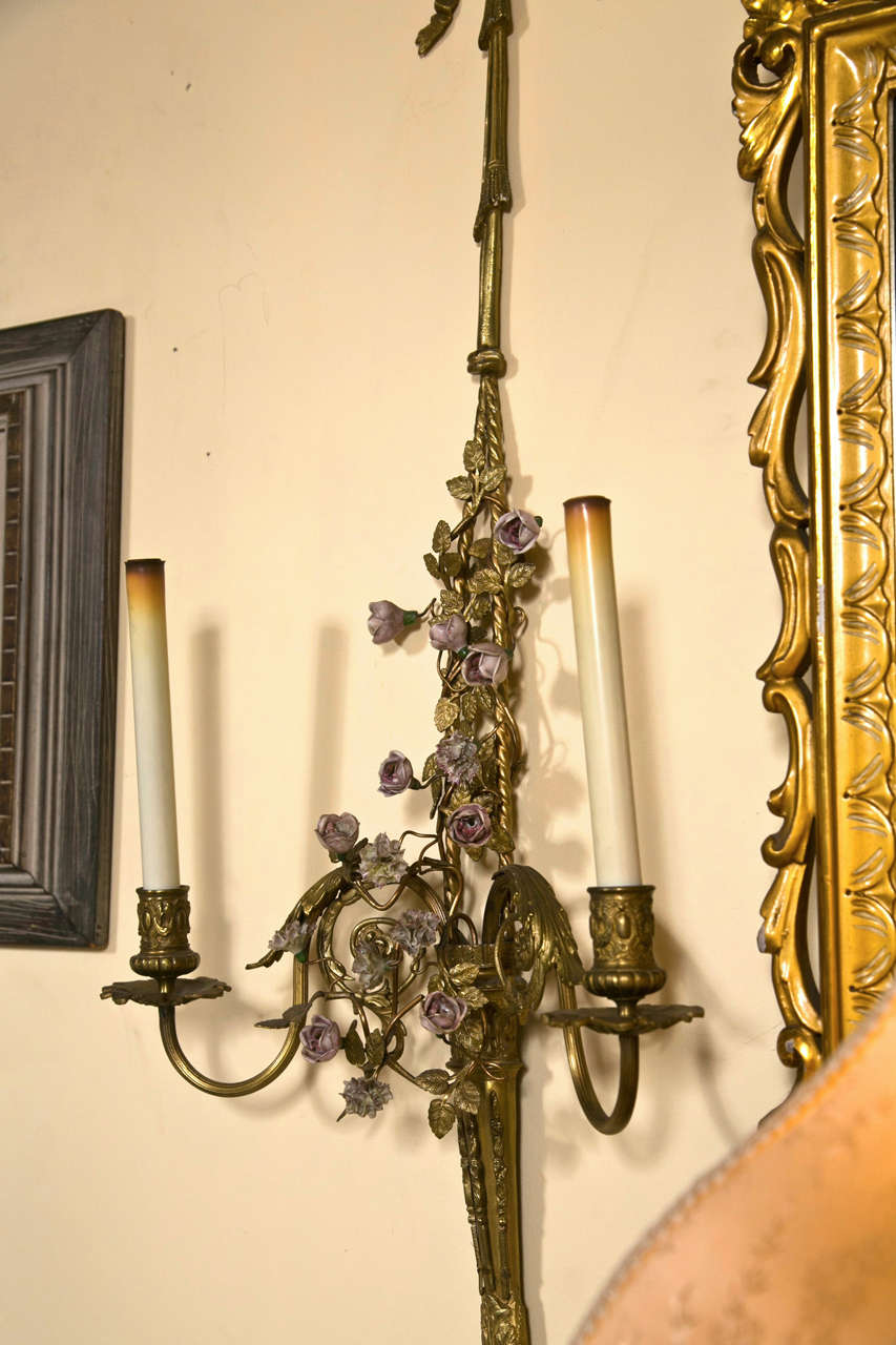 Mid-20th Century French Belle Époque Style Brass Wall Sconces Florette And Foliate Two Arms Each For Sale