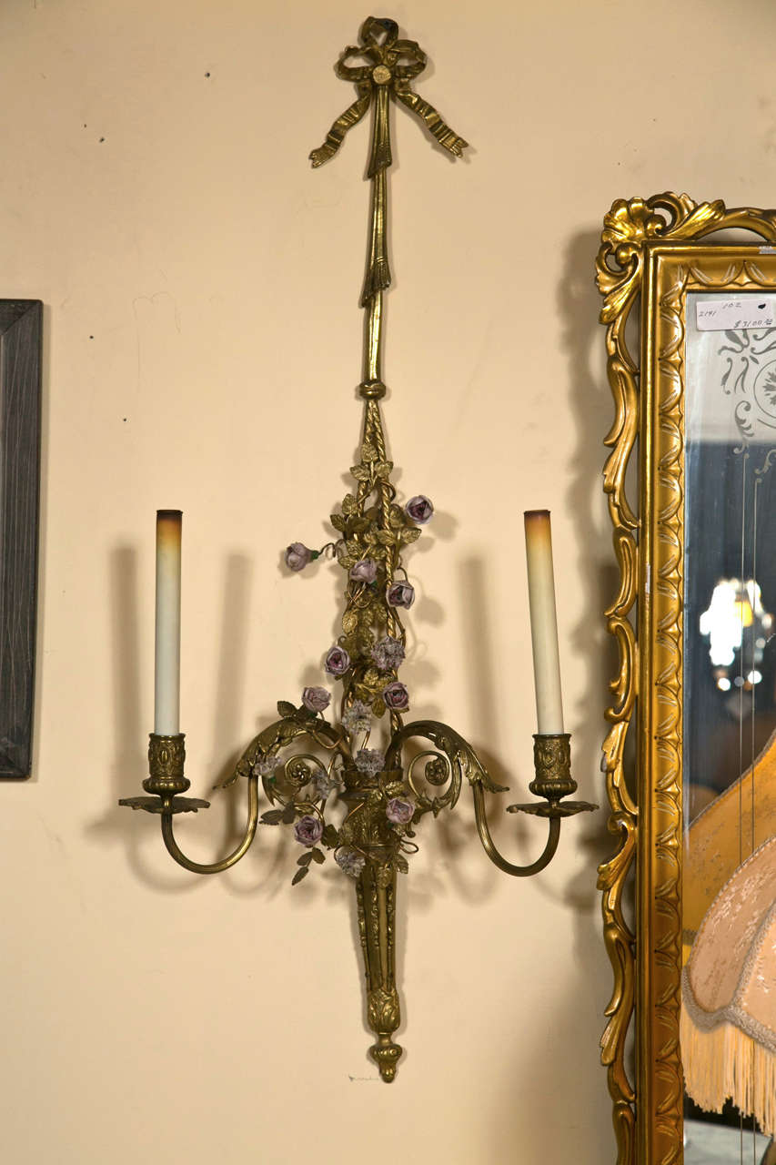 French Belle Époque Style Brass Wall Sconces Florette And Foliate Two Arms Each For Sale 1