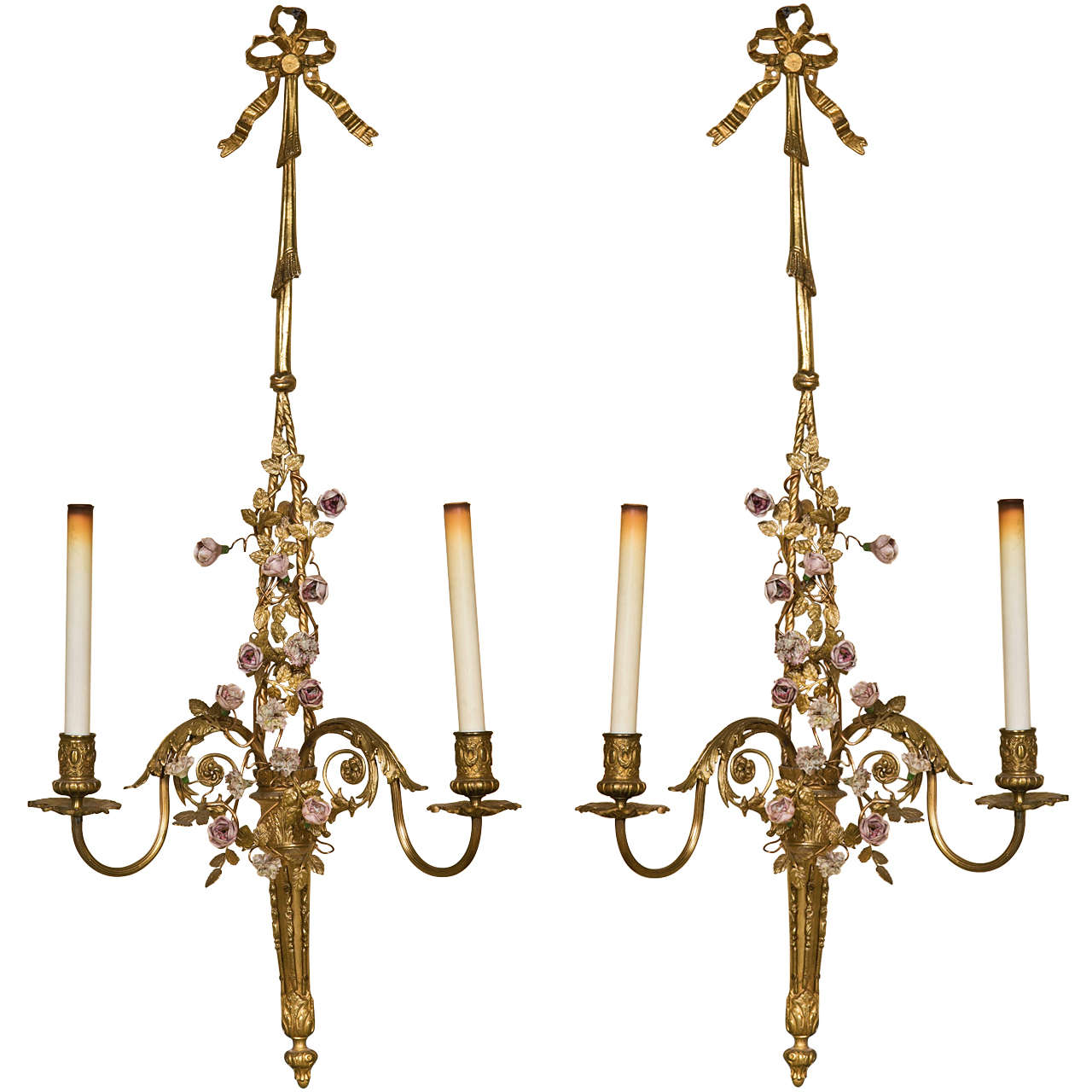 French Belle Époque Style Brass Wall Sconces Florette And Foliate Two Arms Each For Sale