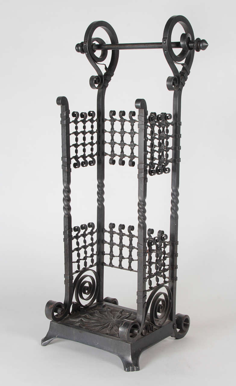 THOMAS JEKYLL (attr.) (1827–1881)
BRITISH AESTHETIC MOVEMENT

Umbrella stand, circa 1885

Black nickeled and patinated cast and wrought iron, 
sunburst detail and decorative fretwork

H: 25 1/4” x W: 13” x D: 9 1/2” 
Base W: 9 1/2”