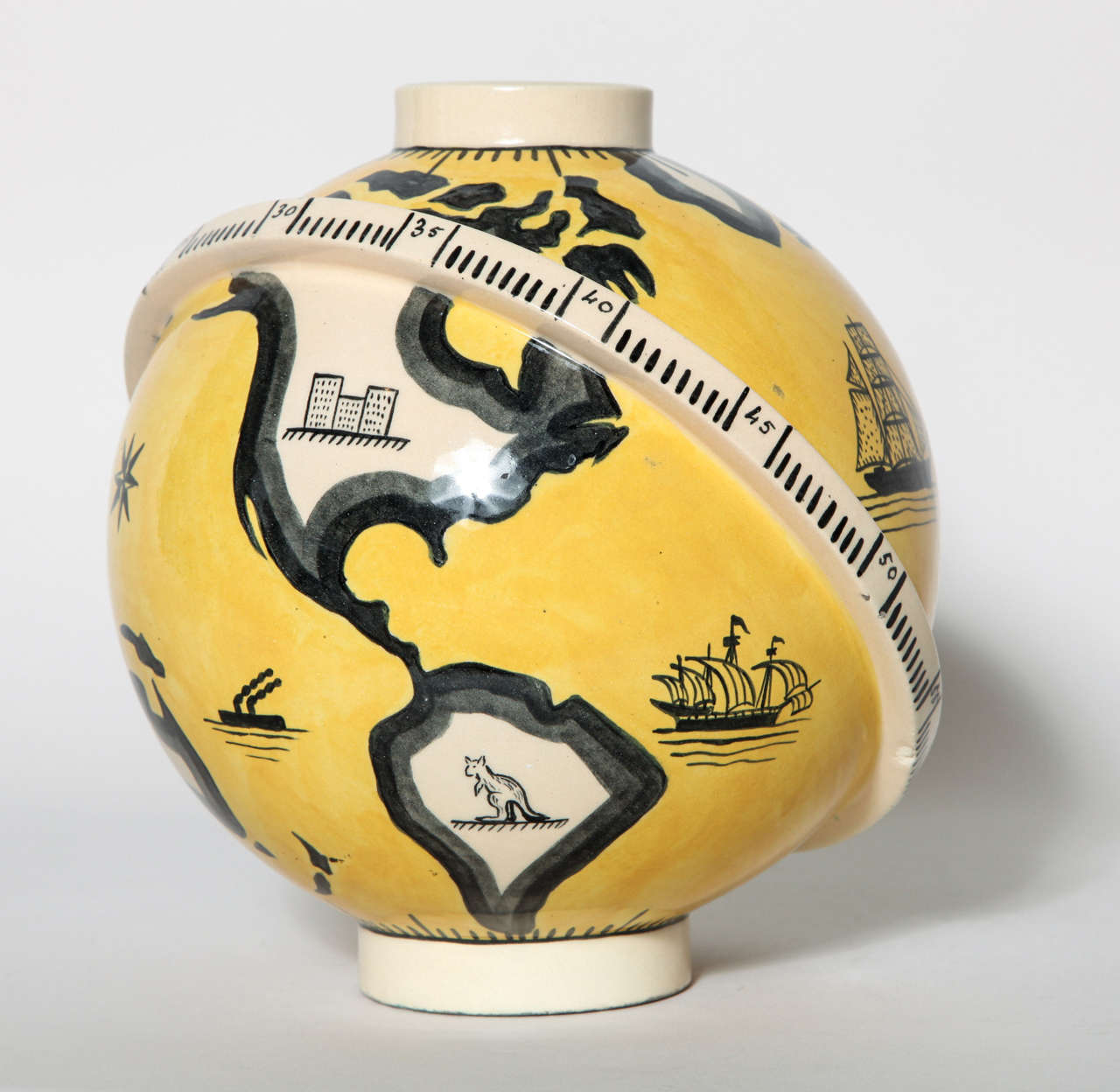 This spherical vase represents the globe with depiction of various continents, ships and scenes from around the world.

After studying at l'École des Beaux-Arts in Dijon under the guidance of Ovide Yencesse, Robert Lallemant went to work at