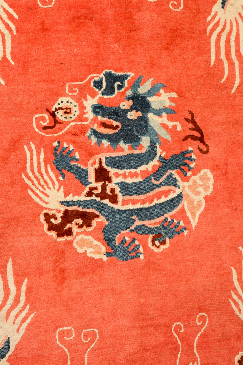 20th Century Antique Chinese Dragon Salmon-Colored Carpet For Sale