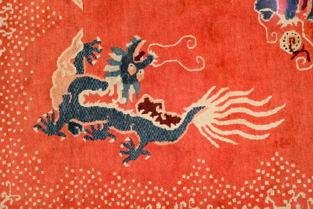 Wool Antique Chinese Dragon Salmon-Colored Carpet For Sale