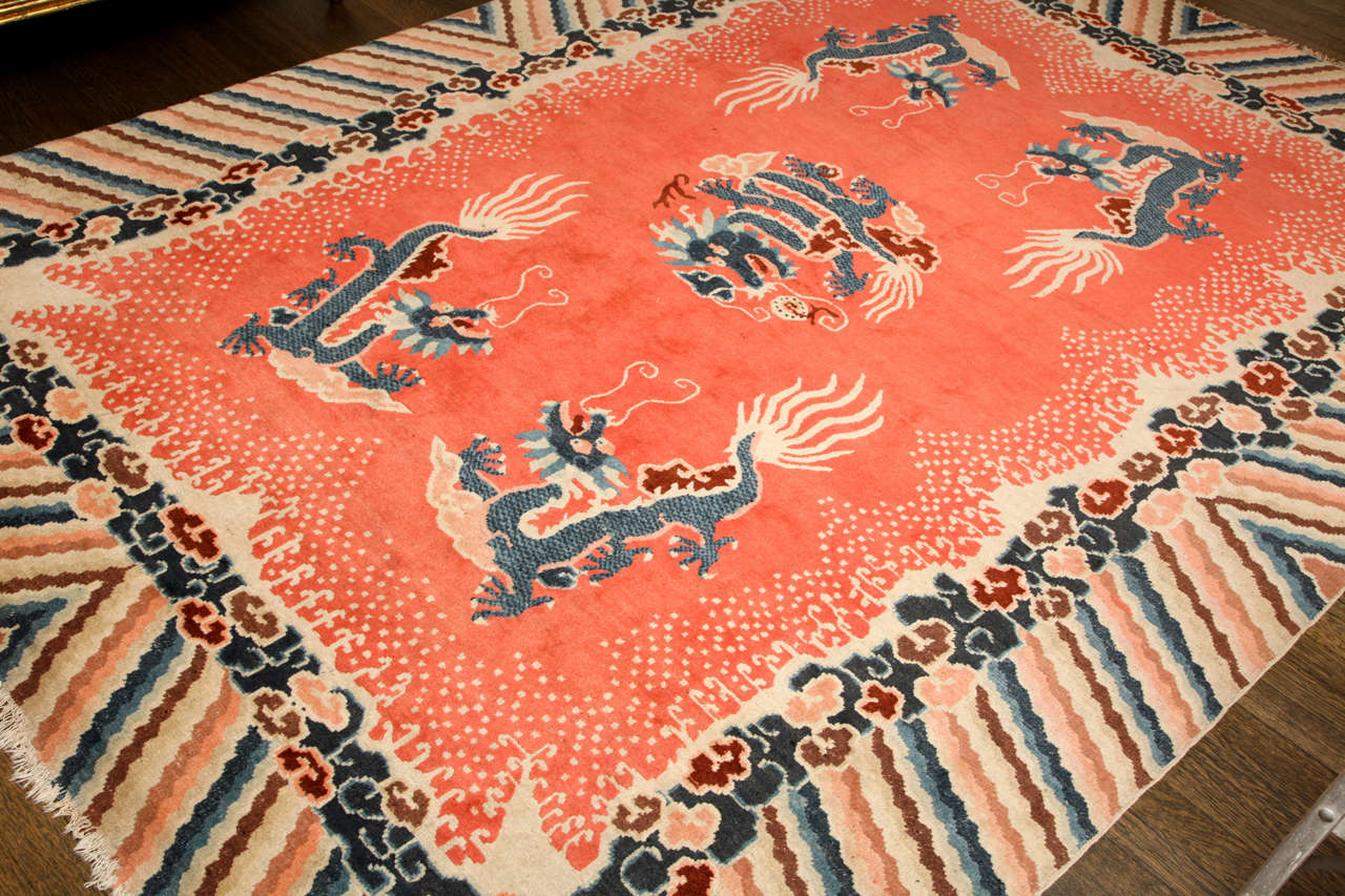 Antique Chinese Dragon Salmon-Colored Carpet For Sale 5