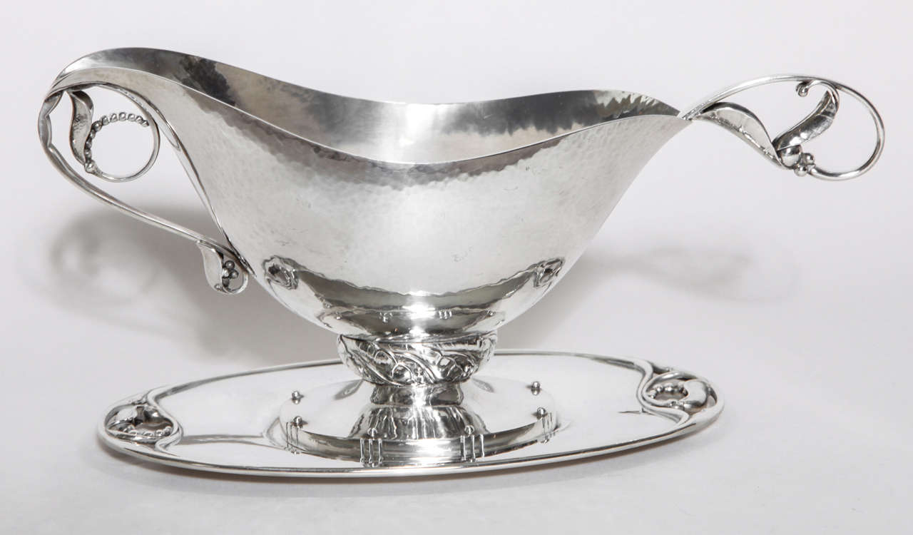 Danish Georg Jensen Sterling Silver Sauce Boat and Stand #177 a with Sauce Ladle #141