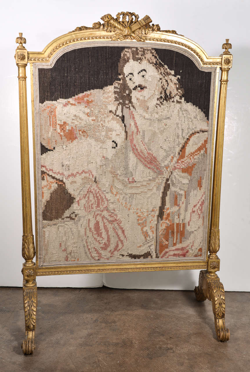 19th C. Giltwood Firescreen with Tapestry Inset