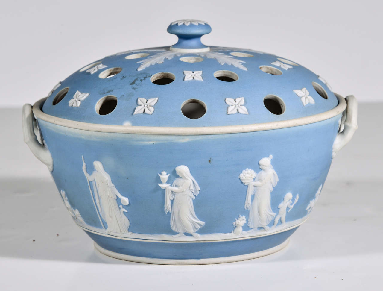 English Wedgwood blue-dip Jasperware stoneware covered potpourri bowl, circa 1900.  Impressed mark 