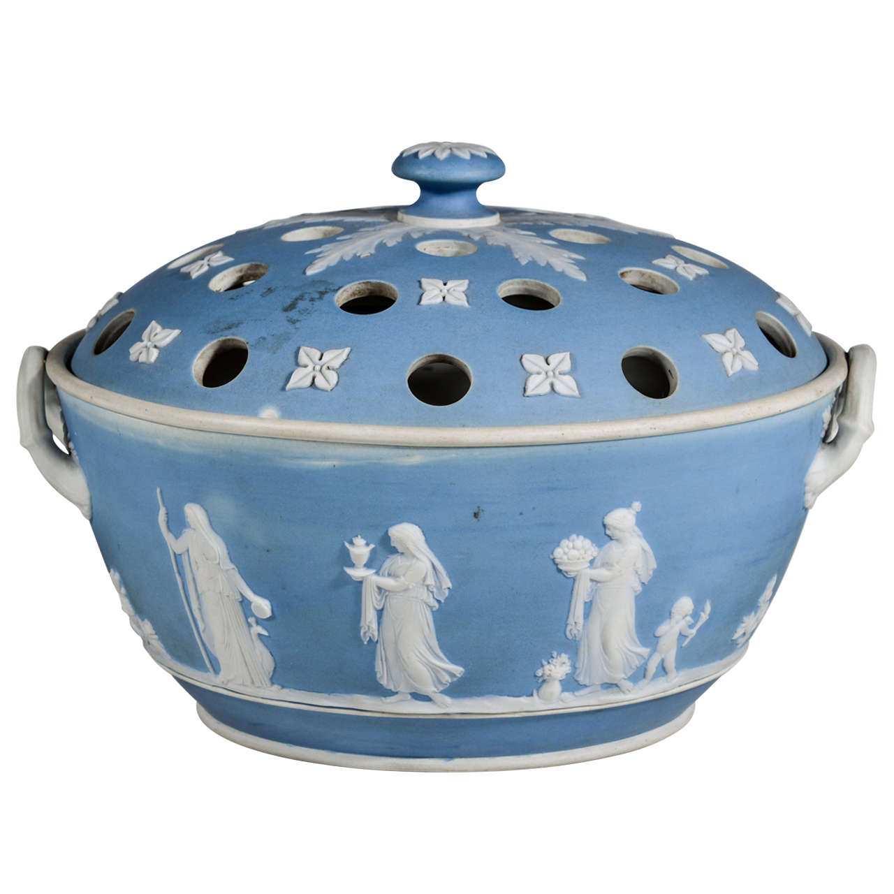 English Wedgwood Blue-dip Jasperware Stoneware Covered Potpourri Bowl For Sale