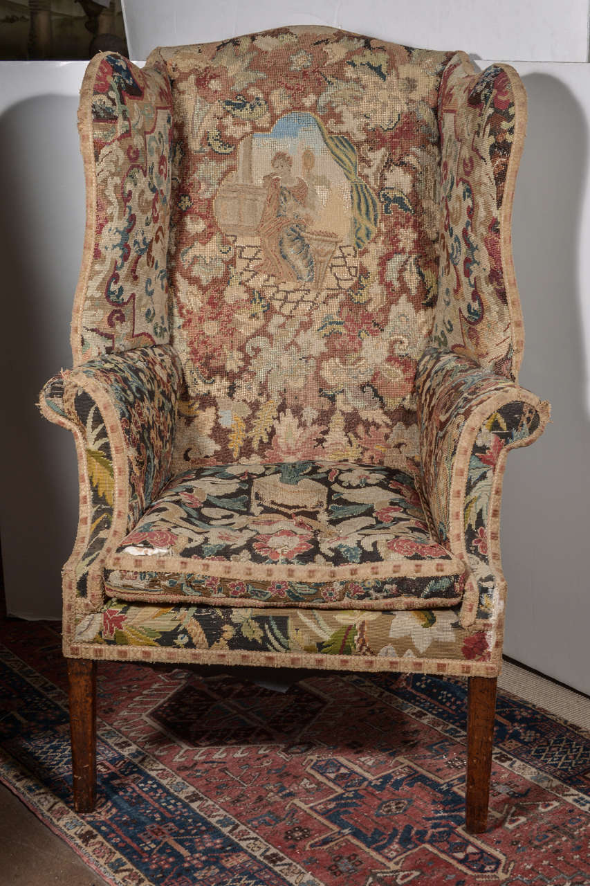 Late 18th c. George III Needlework Upholstered Wingback Armchair