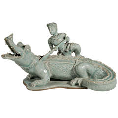 Celadon Sculpture of a Warrior and Alligator