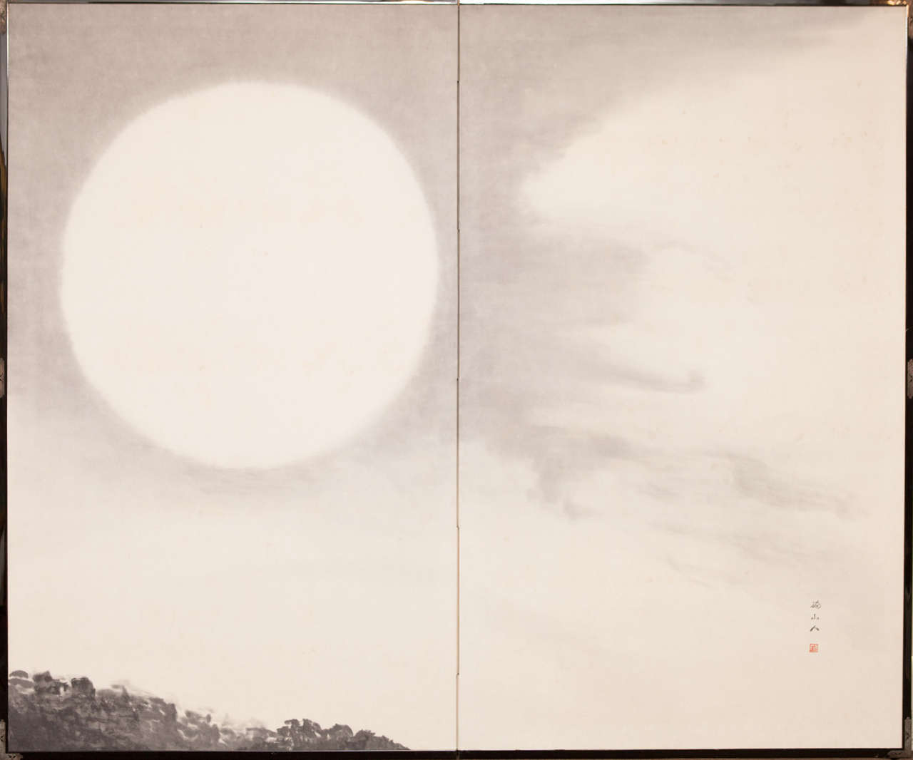 Japanese Two Panel Screen: Moonlit Sky, Showa period (1926 - 1989) minimal ink painting (sumi-e) on mulberry paper with a very modern composition and feeling.  The 1950s marked a big change for Japanese artists as they became very open to Western